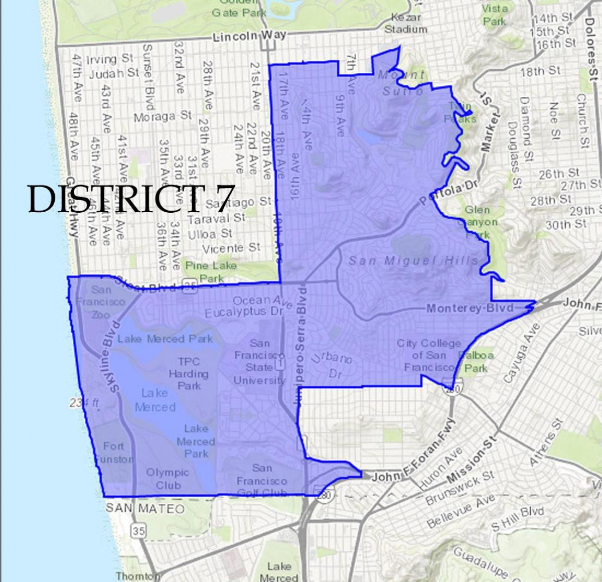 Kaart van San Francisco distrik 7 