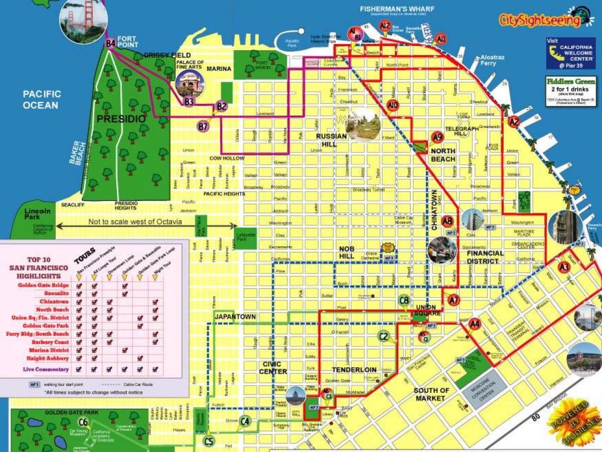 Kaart van die city sightseeing San Francisco roete