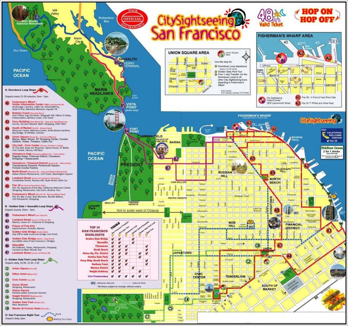 San Francisco hop on hop off bus toer kaart