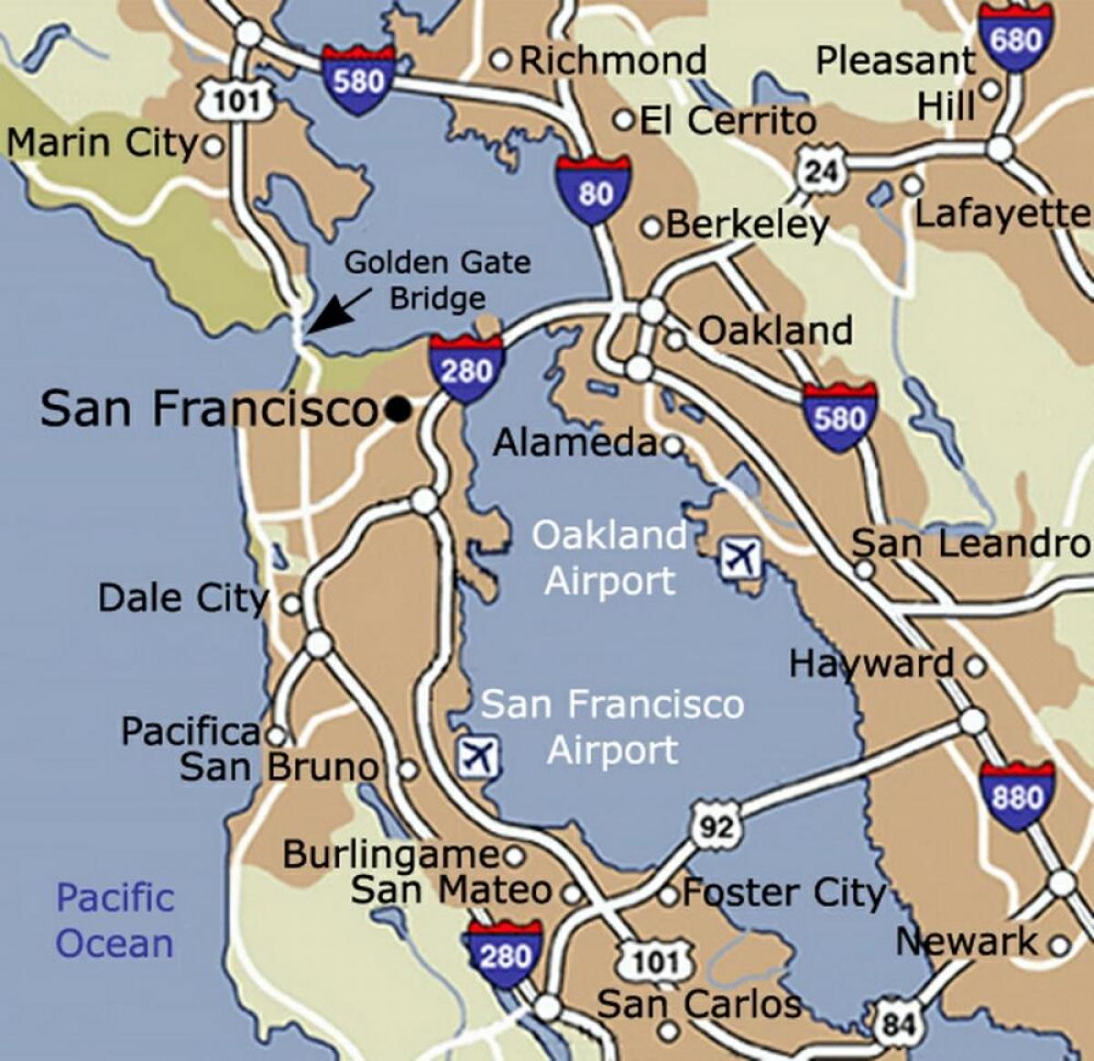 Kaart van die San Francisco-lughawe en die omliggende gebied