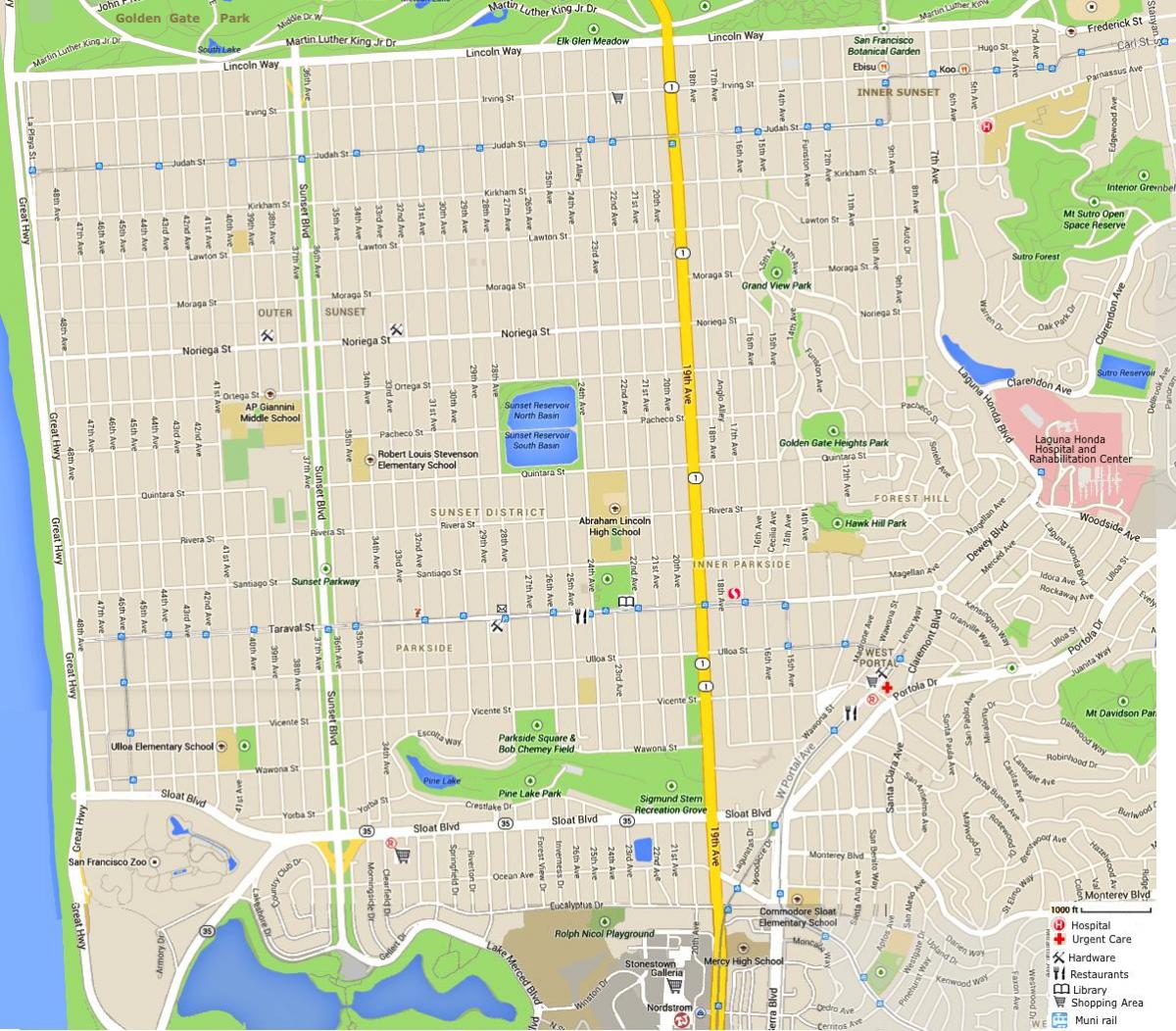 Kaart van die sonsondergang distrik San Francisco