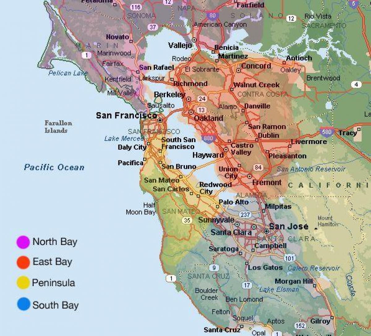 San Francisco gebied kaart en die omliggende gebied