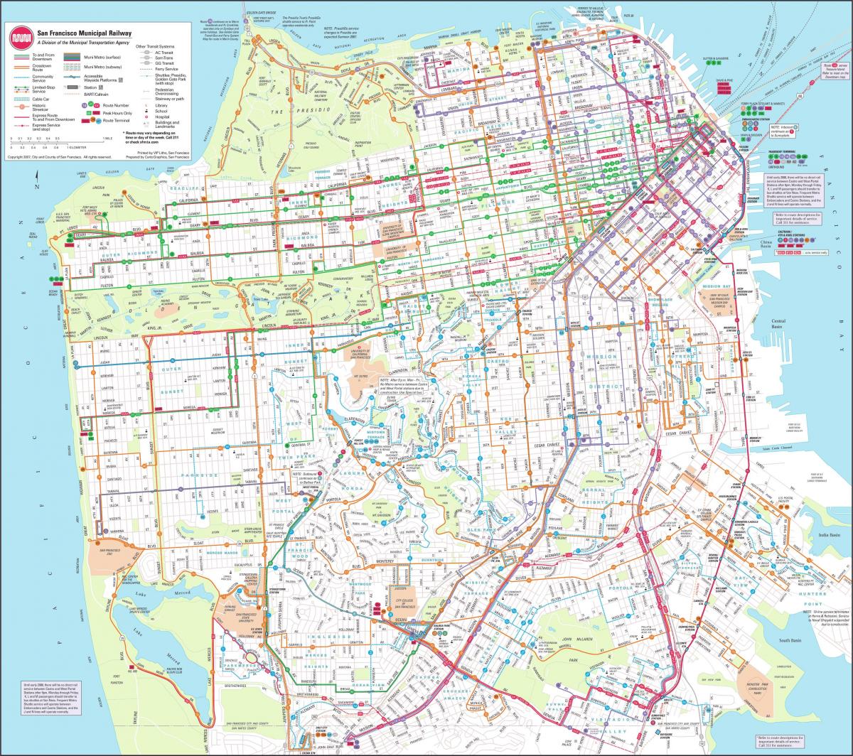 Kaart van San Francisco munisipale spoorweg