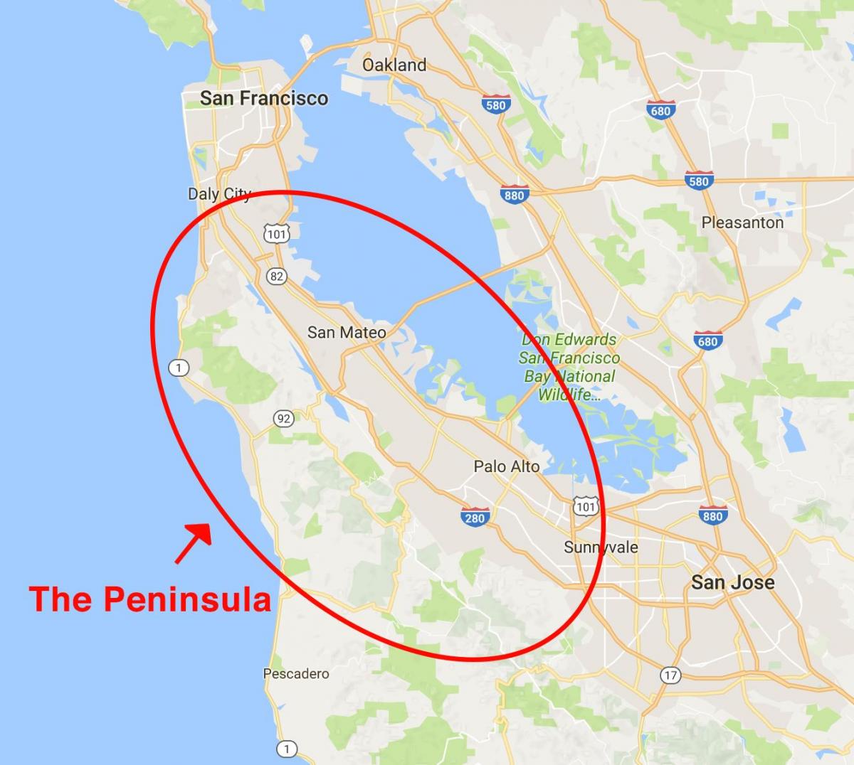 Kaart van die San Francisco-skiereiland 