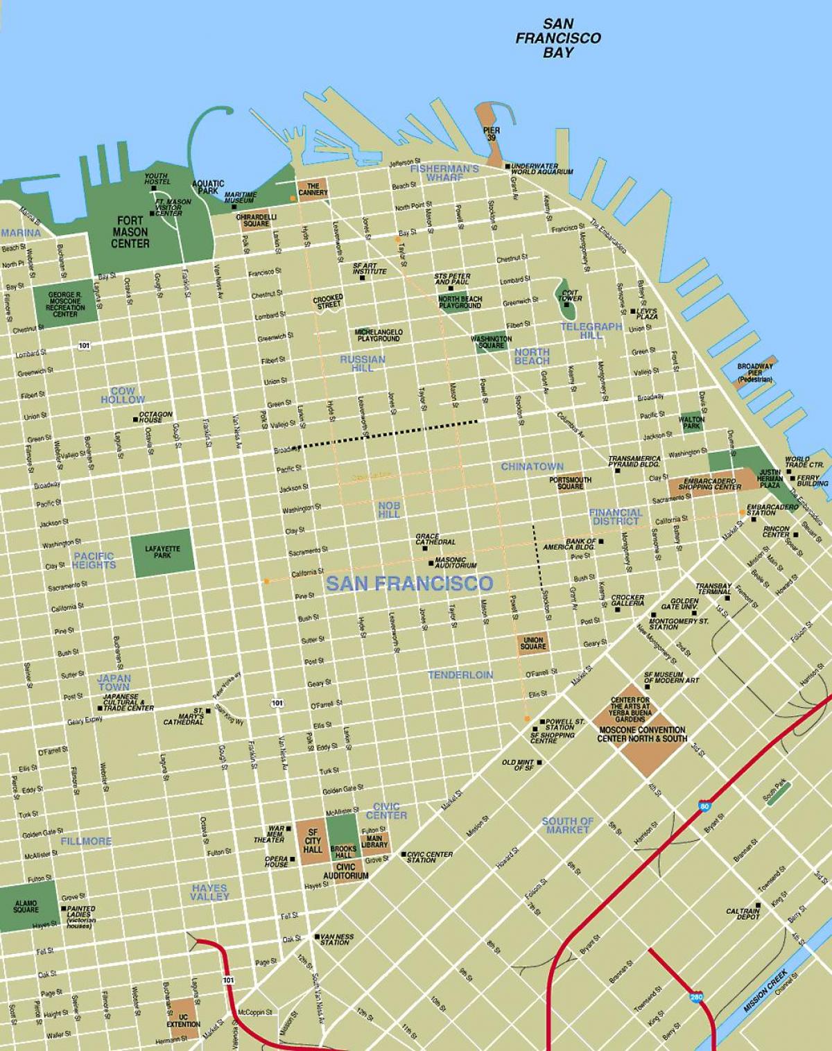 kaart van die toerisme-aantreklikhede San Francisco