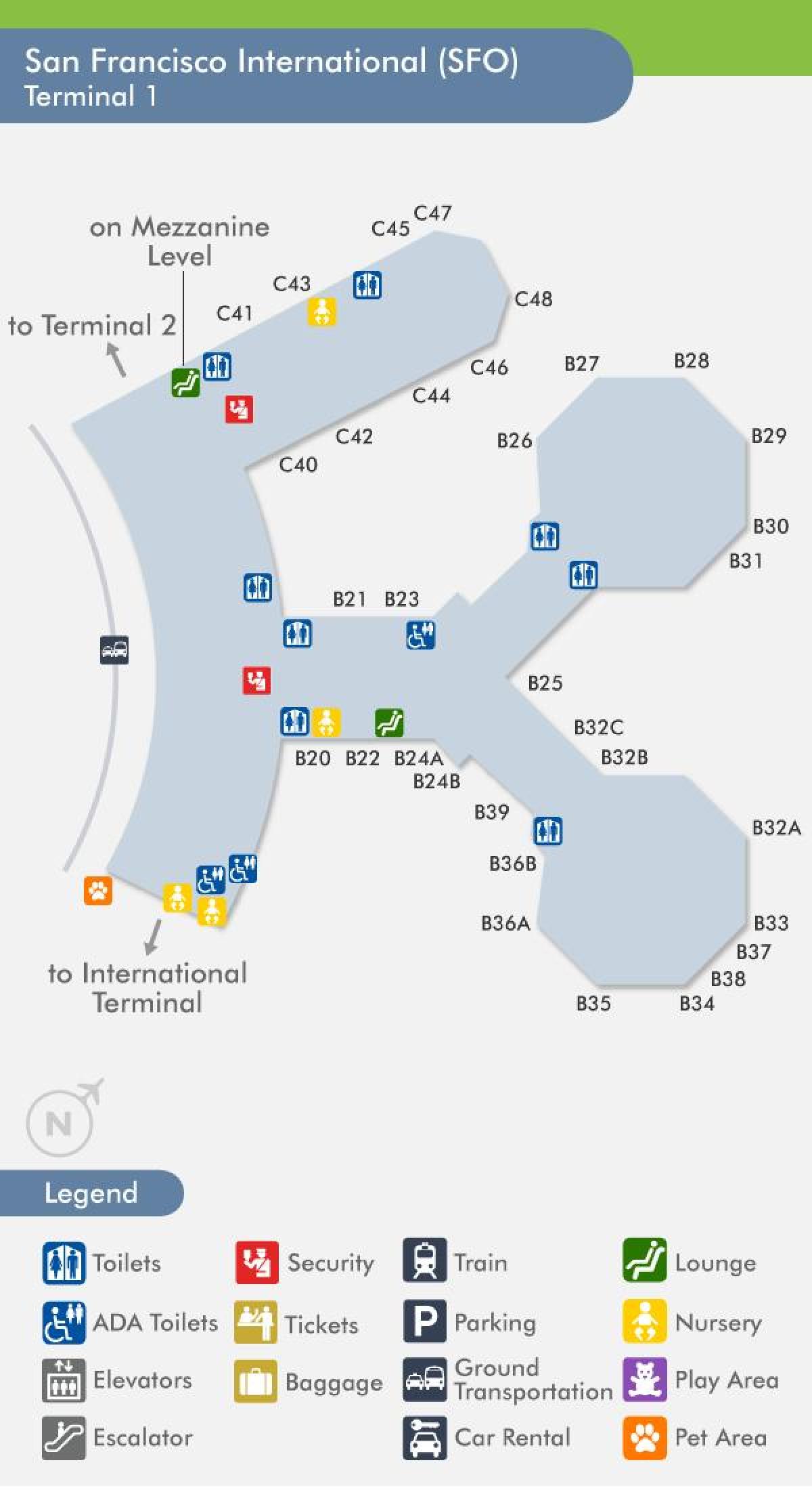 San Francisco-lughawe se terminaal 1 kaart